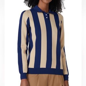 Alexa Chung Long Sleeve Striped Polo Top Shirt Preppy Academia Crystal Buttons M
